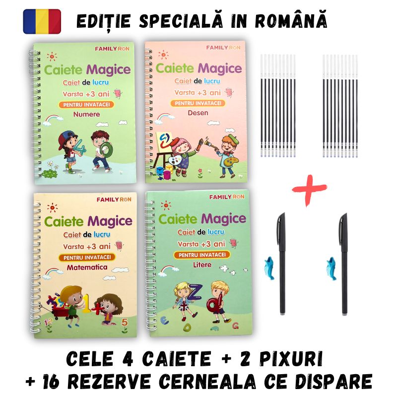Set 4 Caiete Caligrafie + (2 pixuri, 16 Rezerve, 2 Suporti Scriere) in ROMÂNĂ [Editie FAMILY RON]