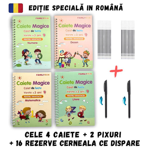 Set 4 Caiete Caligrafie + (2 pixuri, 16 Rezerve, 2 Suporti Scriere) in ROMÂNĂ [Editie FAMILY RON]