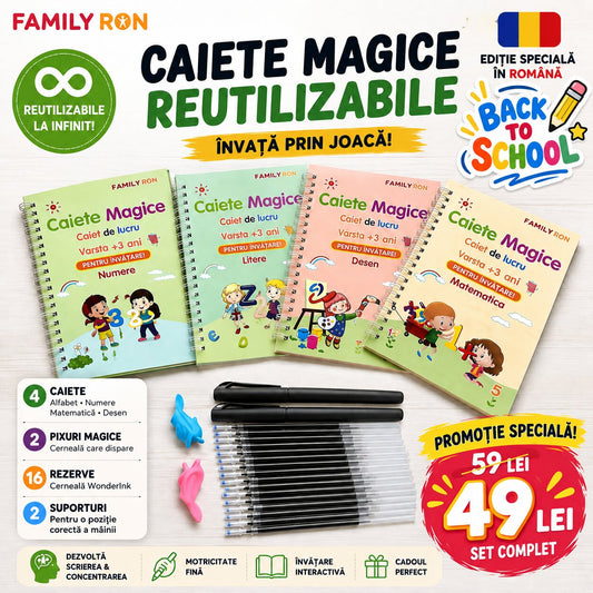 Set 4 Caiete Caligrafie + (2 pixuri, 16 Rezerve, 2 Suporti Scriere) in ROMÂNĂ [Editie FAMILY RON]