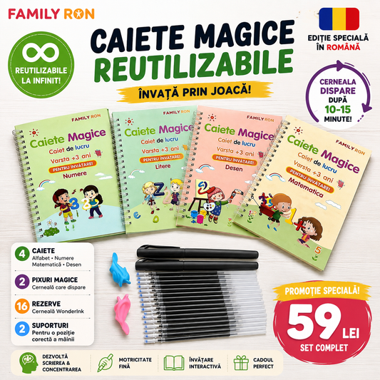 Set 4 Caiete Caligrafie + (2 pixuri, 16 Rezerve, 2 Suporti Scriere) in ROMÂNĂ [Editie FAMILY RON]