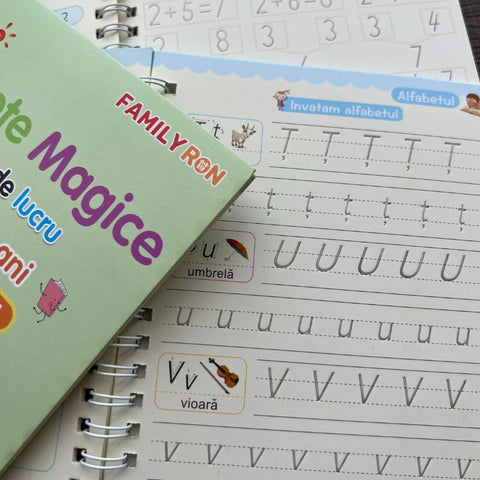 Set 4 Caiete Caligrafie + (2 pixuri, 16 Rezerve, 2 Suporti Scriere) in ROMÂNĂ [Editie FAMILY RON]