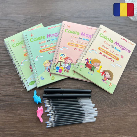 Set 4 Caiete Caligrafie + (2 pixuri, 16 Rezerve, 2 Suporti Scriere) in ROMÂNĂ [Editie FAMILY RON]