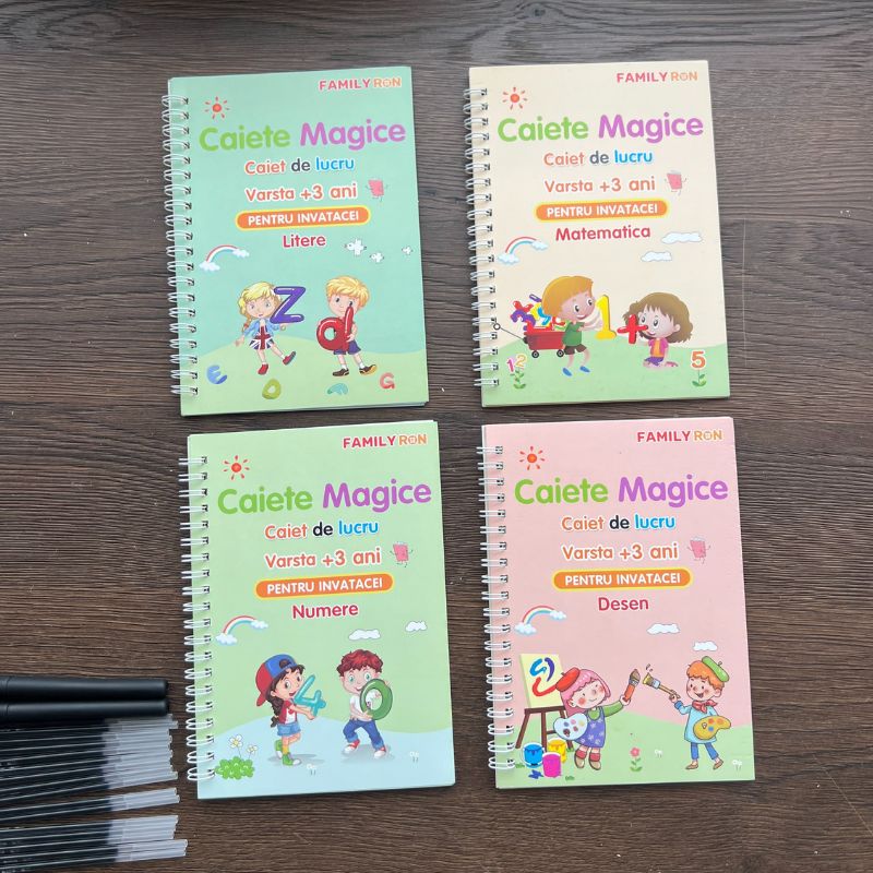 Set 4 Caiete Caligrafie + (2 pixuri, 16 Rezerve, 2 Suporti Scriere) in ROMÂNĂ [Editie FAMILY RON]